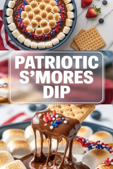 Patriotic s’mores dip with melted chocolate, toasted marshmallows, and red, white, and blue sprinkles, shown with a graham cracker dipped into the center.