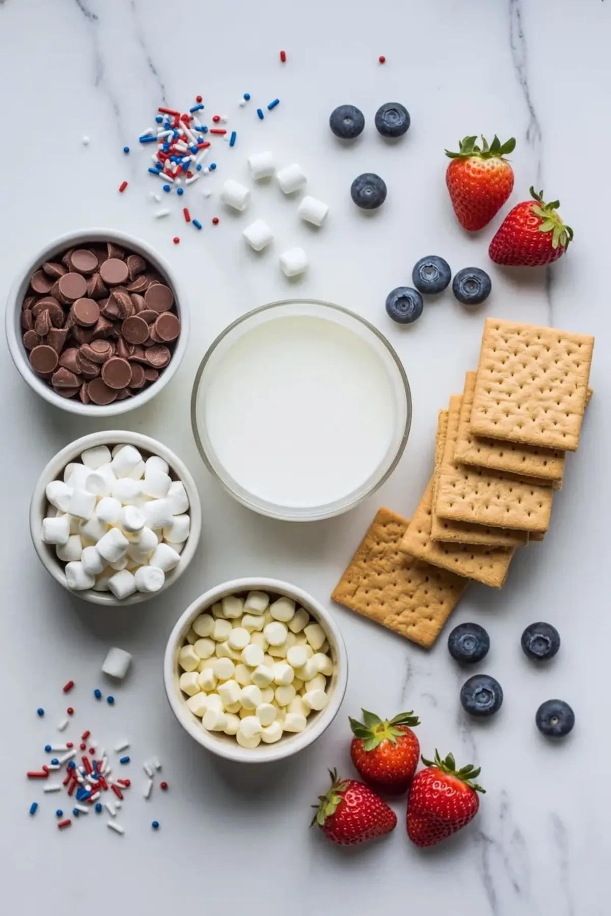 Ingredients for patriotic s’mores dip arranged with chocolate chips, white chocolate chips, marshmallows, cream, graham crackers, strawberries, blueberries, and sprinkles.