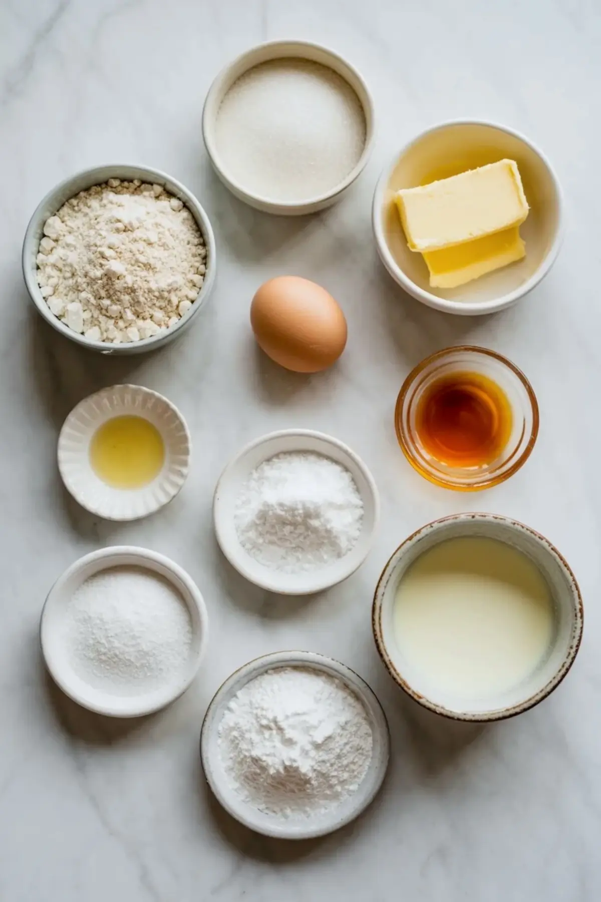 Ingredients for patriotic sugar cookie bars arranged with flour, sugar, butter, egg, milk, vanilla, lemon juice, powdered sugar, and baking essentials.
