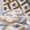 Patriotic sugar cookie bars with white frosting and red, white, and blue sprinkles, shown as cut bars with one square plated in front.