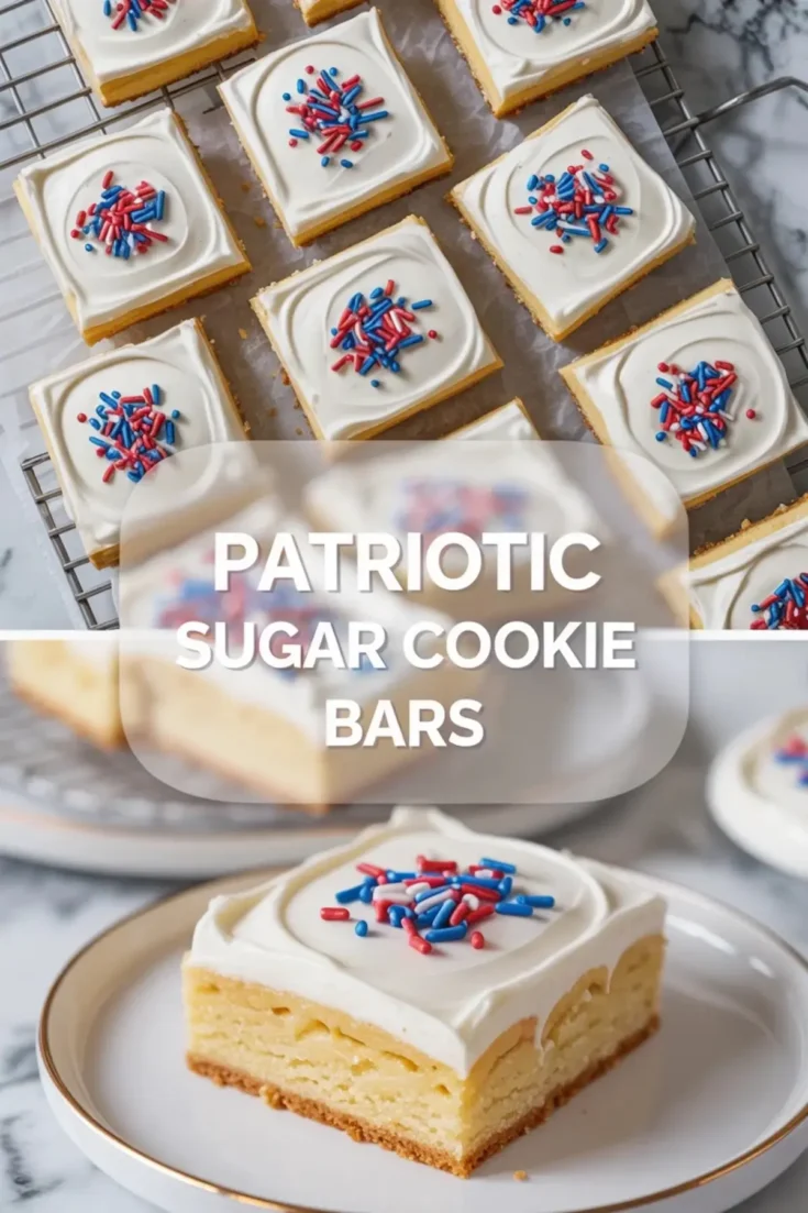Patriotic sugar cookie bars with white frosting and red, white, and blue sprinkles, shown as cut bars with one square plated in front.