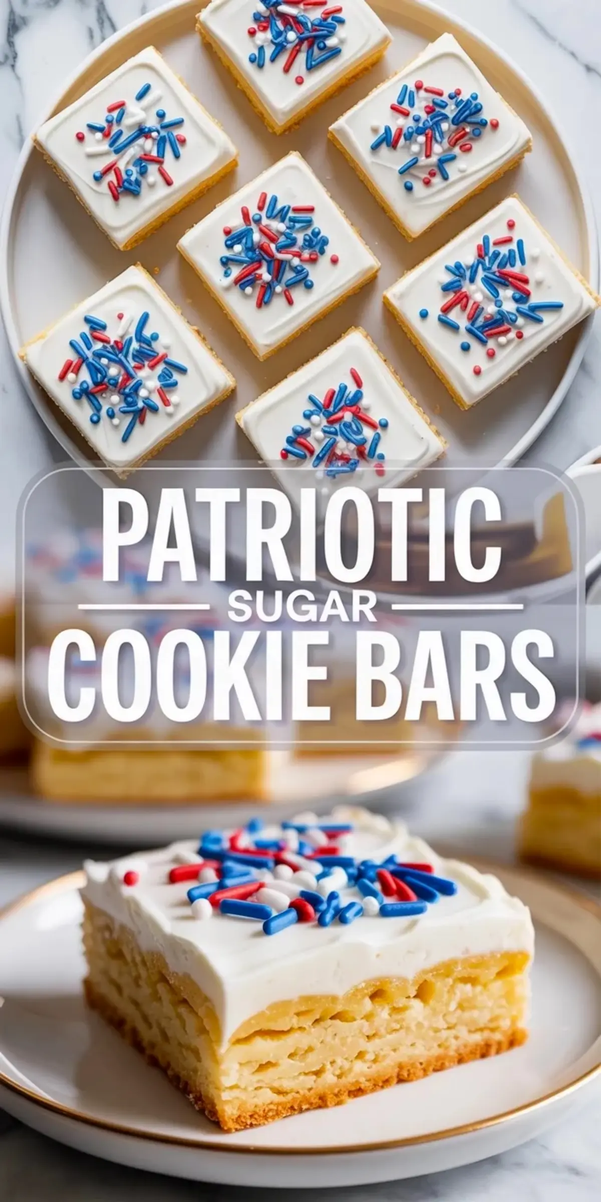 Collage of patriotic sugar cookie bars with frosted squares arranged on a plate and a close plated bar finished with red, white, and blue sprinkles.