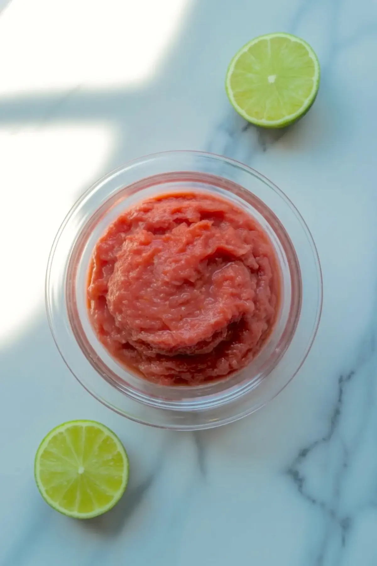 Blended watermelon mixture in a bowl for the red layer of patriotic watermelon popsicles.