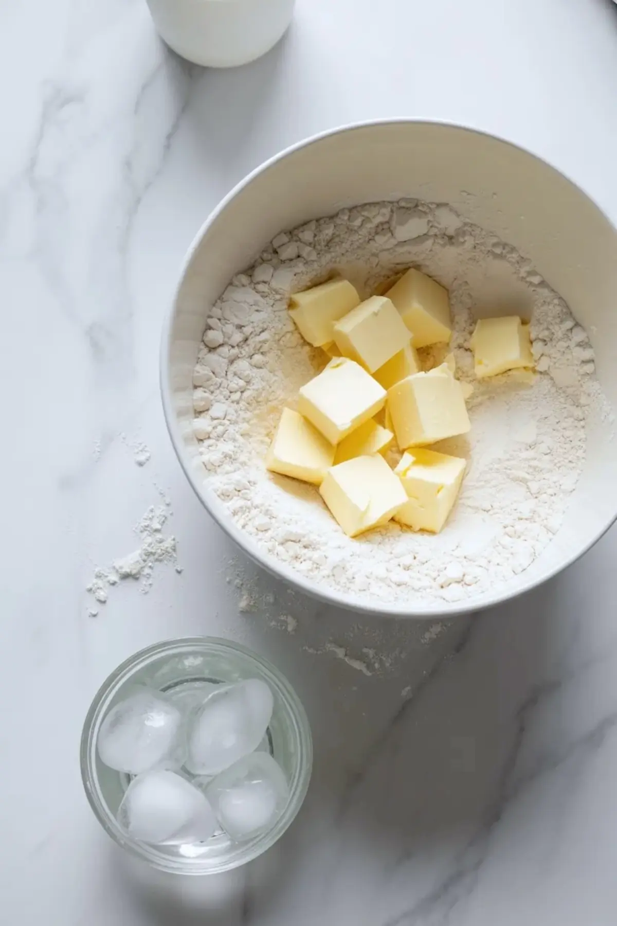 Galette dough ingredients in a bowl with flour and cold butter cubes, with ice water beside the bowl ready for mixing the crust.