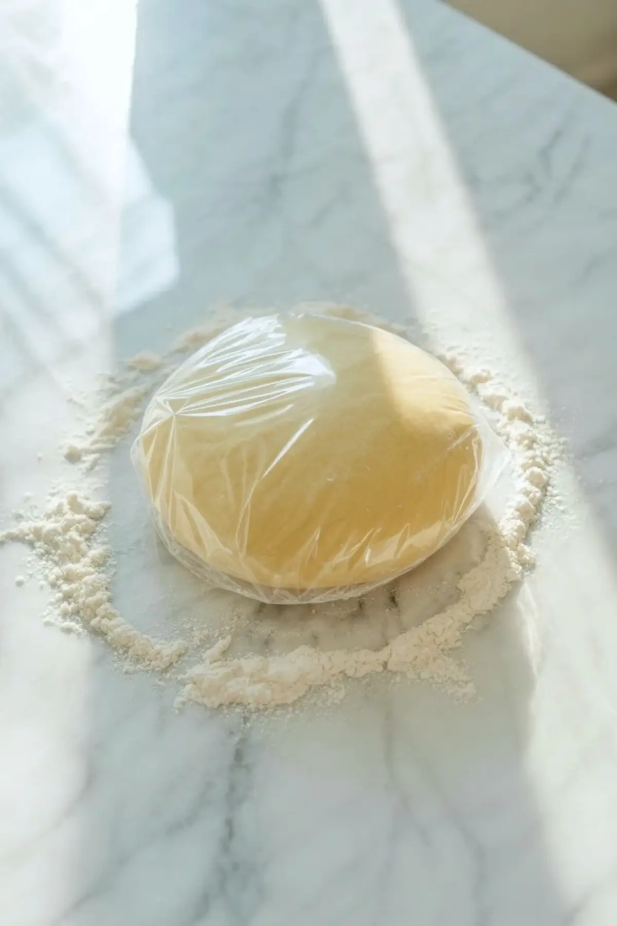 Wrapped disk of peach blueberry galette dough resting on a floured marble surface before chilling and rolling.