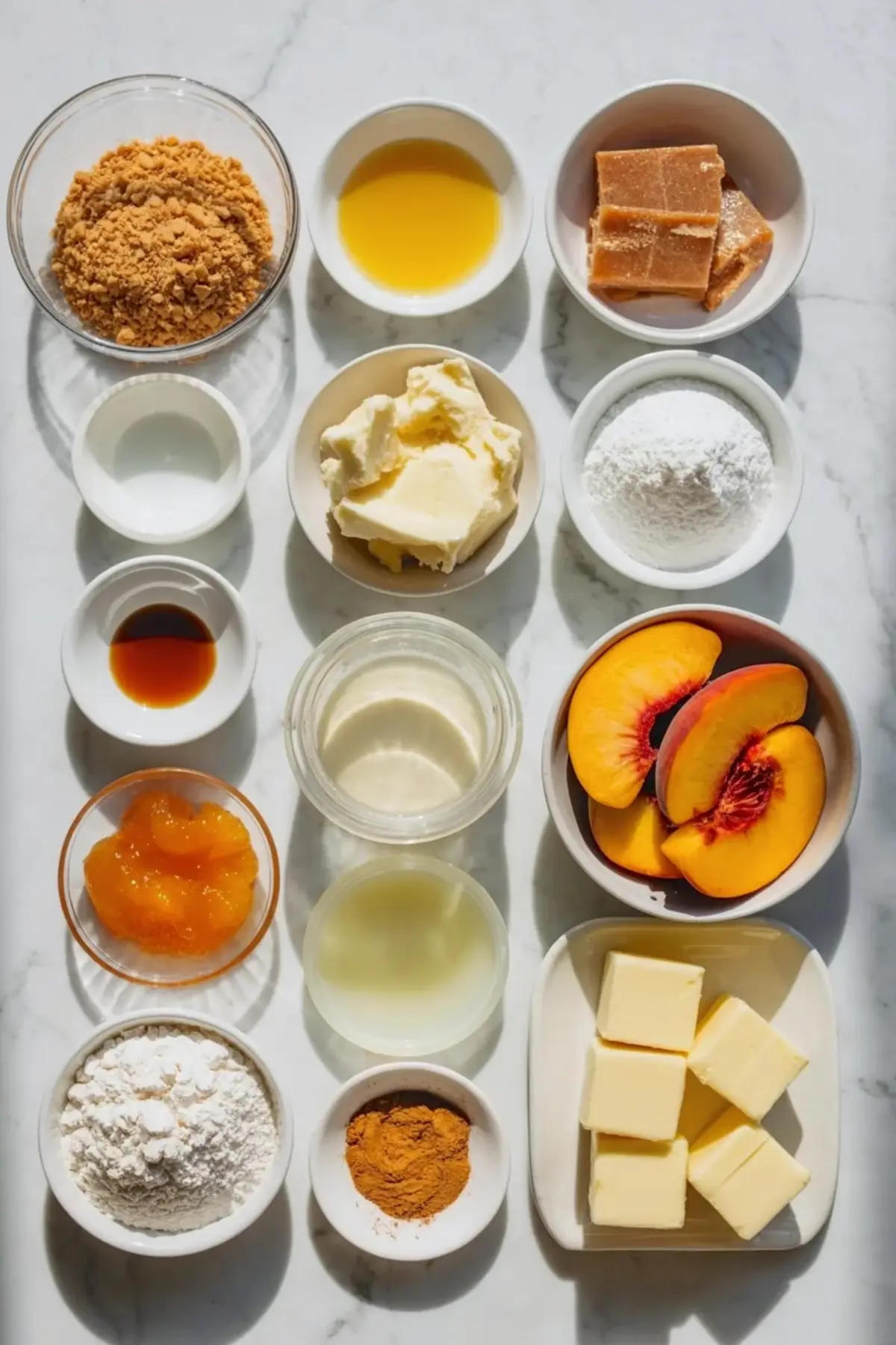 Ingredients for no-bake peach cobbler cheesecake bars arranged on white marble with graham crumbs, cream cheese, peaches, preserves, butter, sugar, flour, cinnamon, and cream.