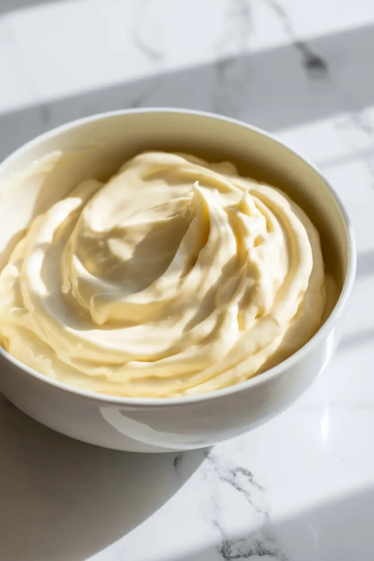 Smooth cheesecake filling in a white bowl for no-bake peach cobbler cheesecake bars, showing the creamy whipped texture before spreading.