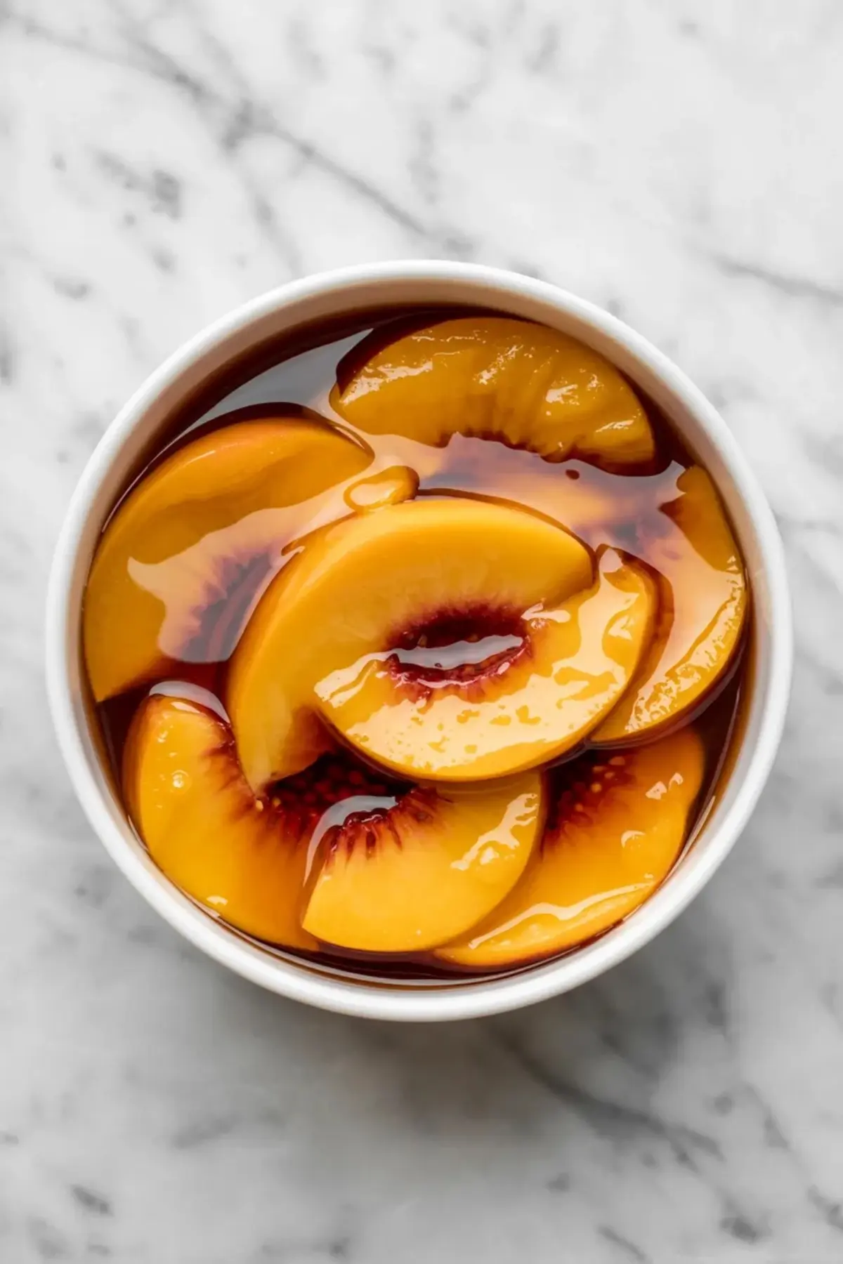 Peach slices in glossy syrup for no-bake peach cobbler cheesecake bars, showing the fruit topping before layering over the cheesecake.