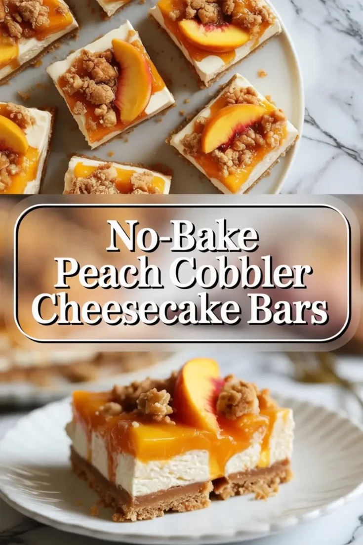 No-bake peach cobbler cheesecake bars shown in a 2 to 3 hero image with a finished cheesecake bar topped with peaches and crumble on a white plate.
