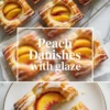 Baked peach danishes on a rack with glaze, showing the finished pastry batch from above.