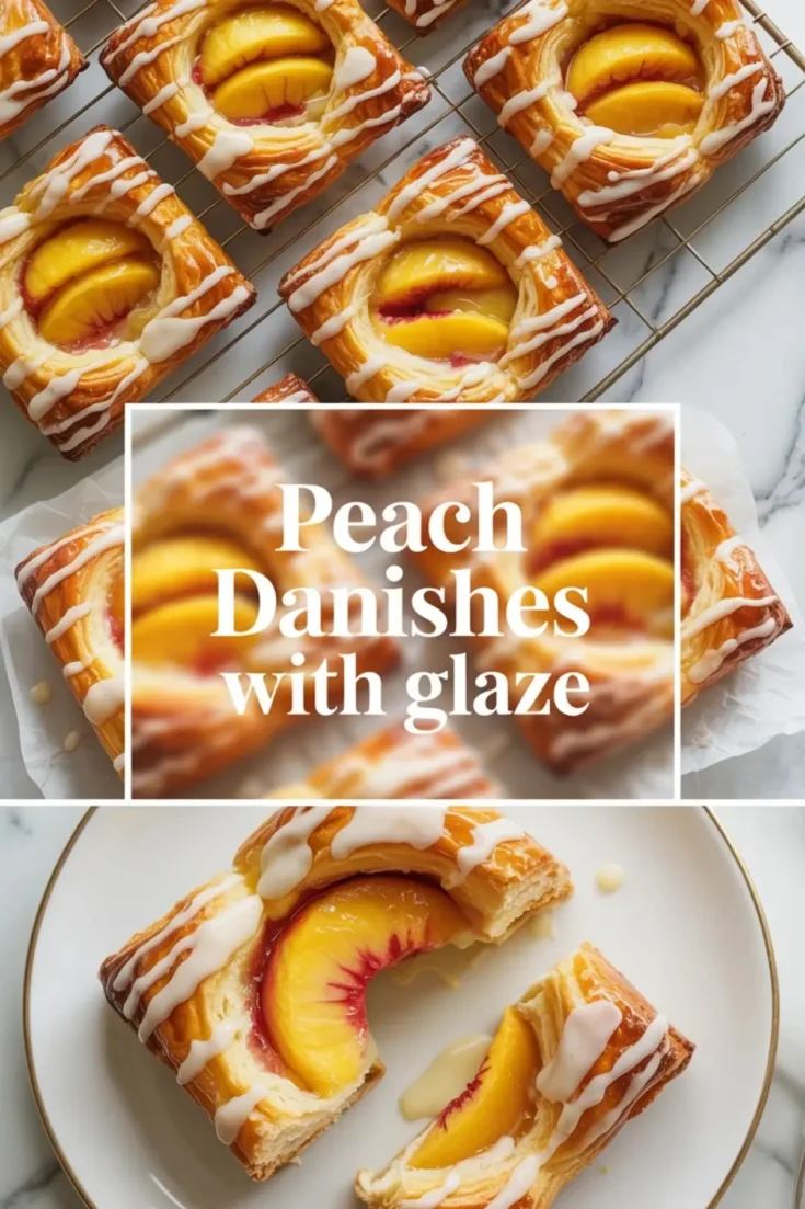 Baked peach danishes on a rack with glaze, showing the finished pastry batch from above.