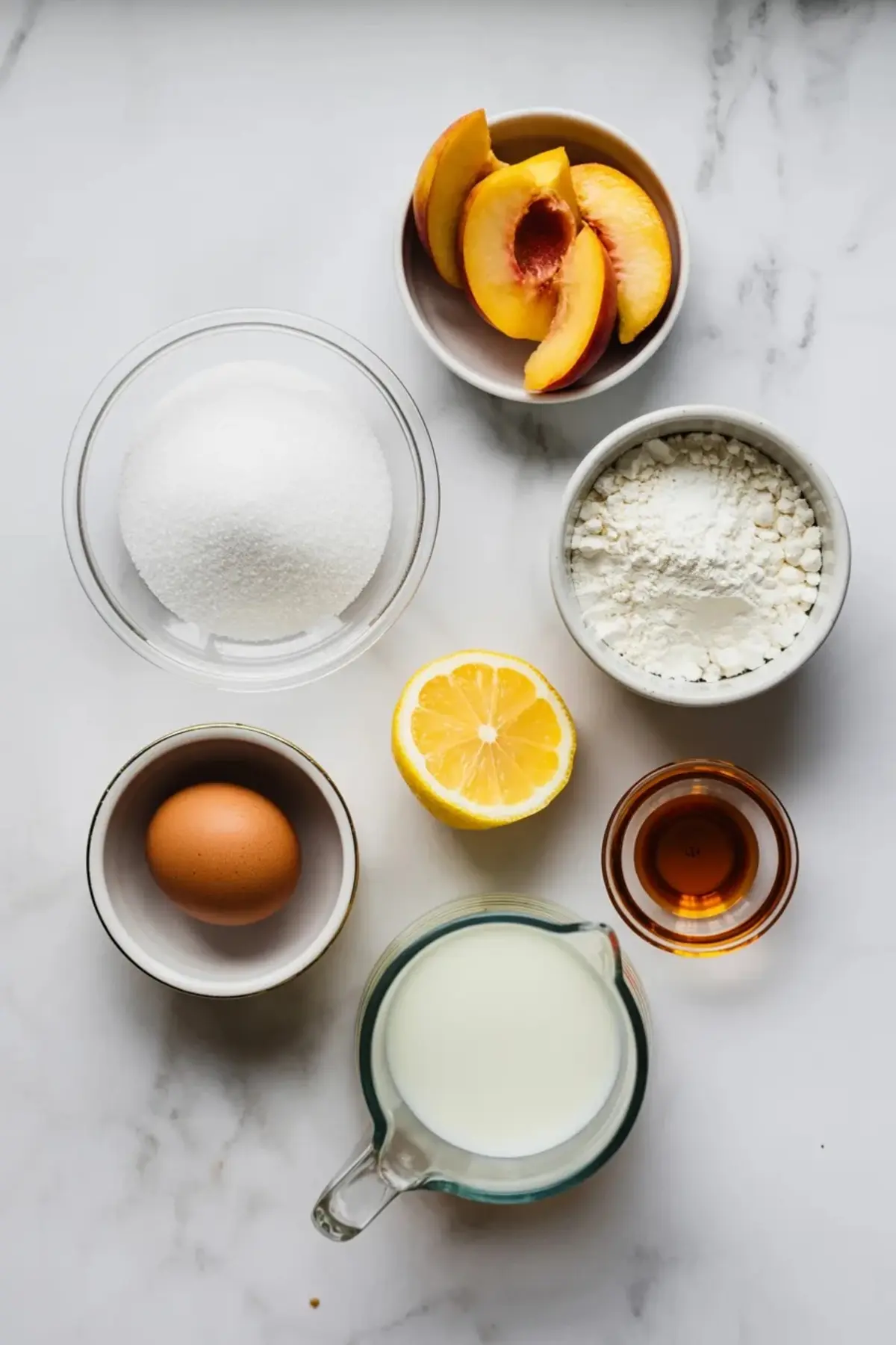 Ingredients for peach danishes arranged on marble with peaches, sugar, egg, cream cheese, milk, lemon, and vanilla.