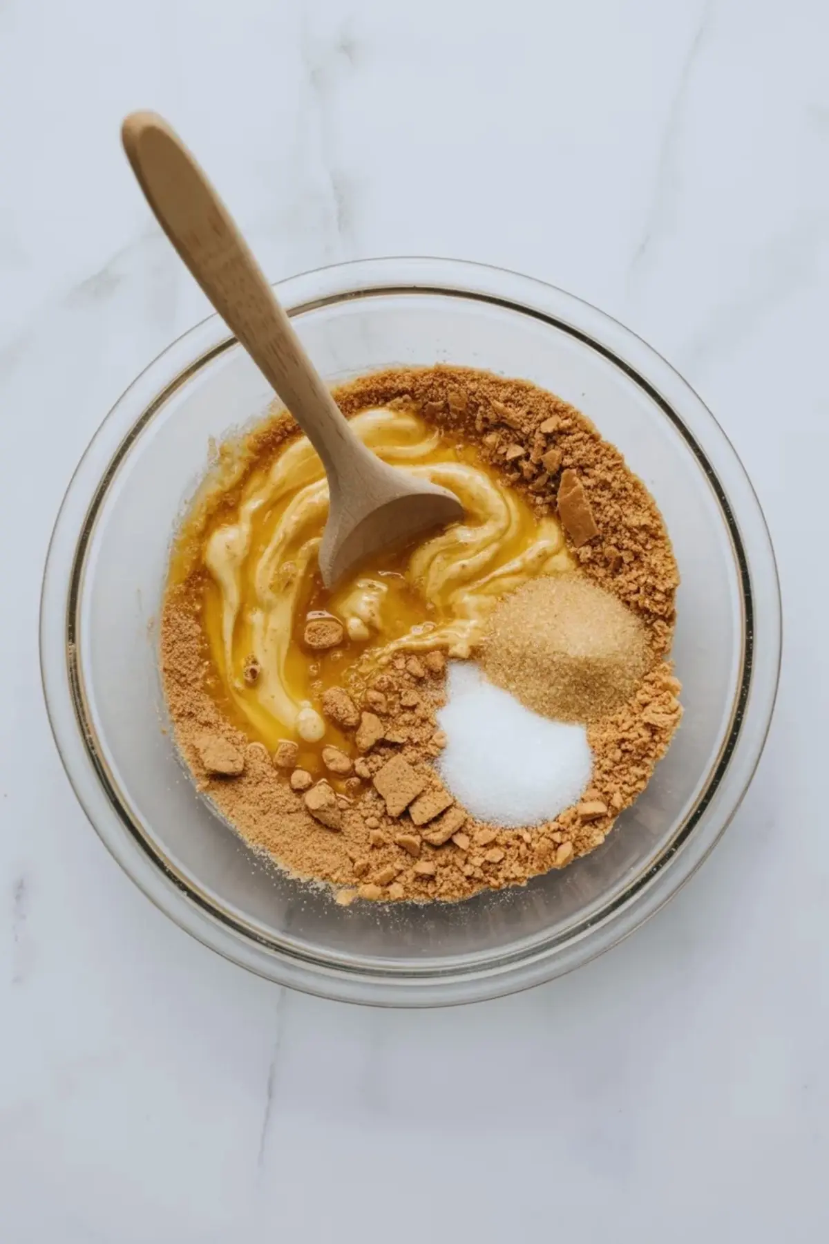 Peanut butter layer spread over baked graham crust in the pan for peanut butter smores bars.