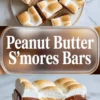 Cut peanut butter smores bars showing graham crust, creamy peanut butter, chocolate, and toasted marshmallow layers.