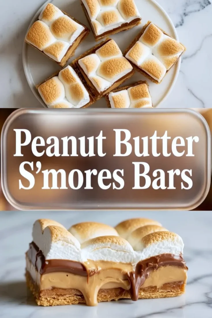 Cut peanut butter smores bars showing graham crust, creamy peanut butter, chocolate, and toasted marshmallow layers.