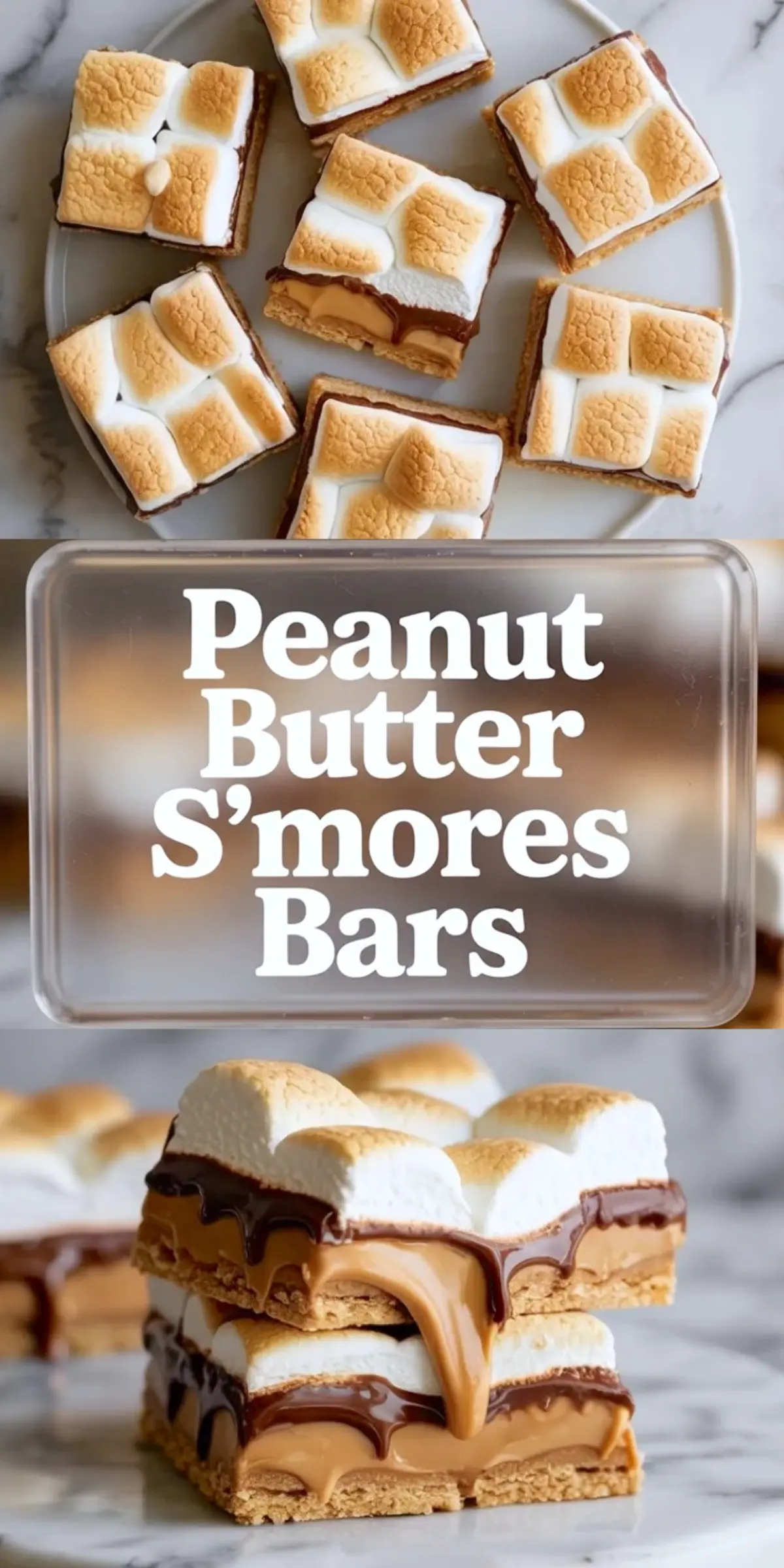 Peanut butter smores bars shown in a tall text overlay collage with finished gooey bars and a close stacked serving.