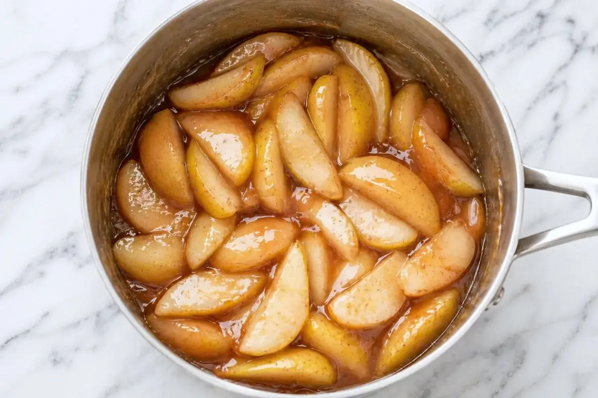 Pears simmering in spiced sauce in a saucepan for homemade pear pie filling.