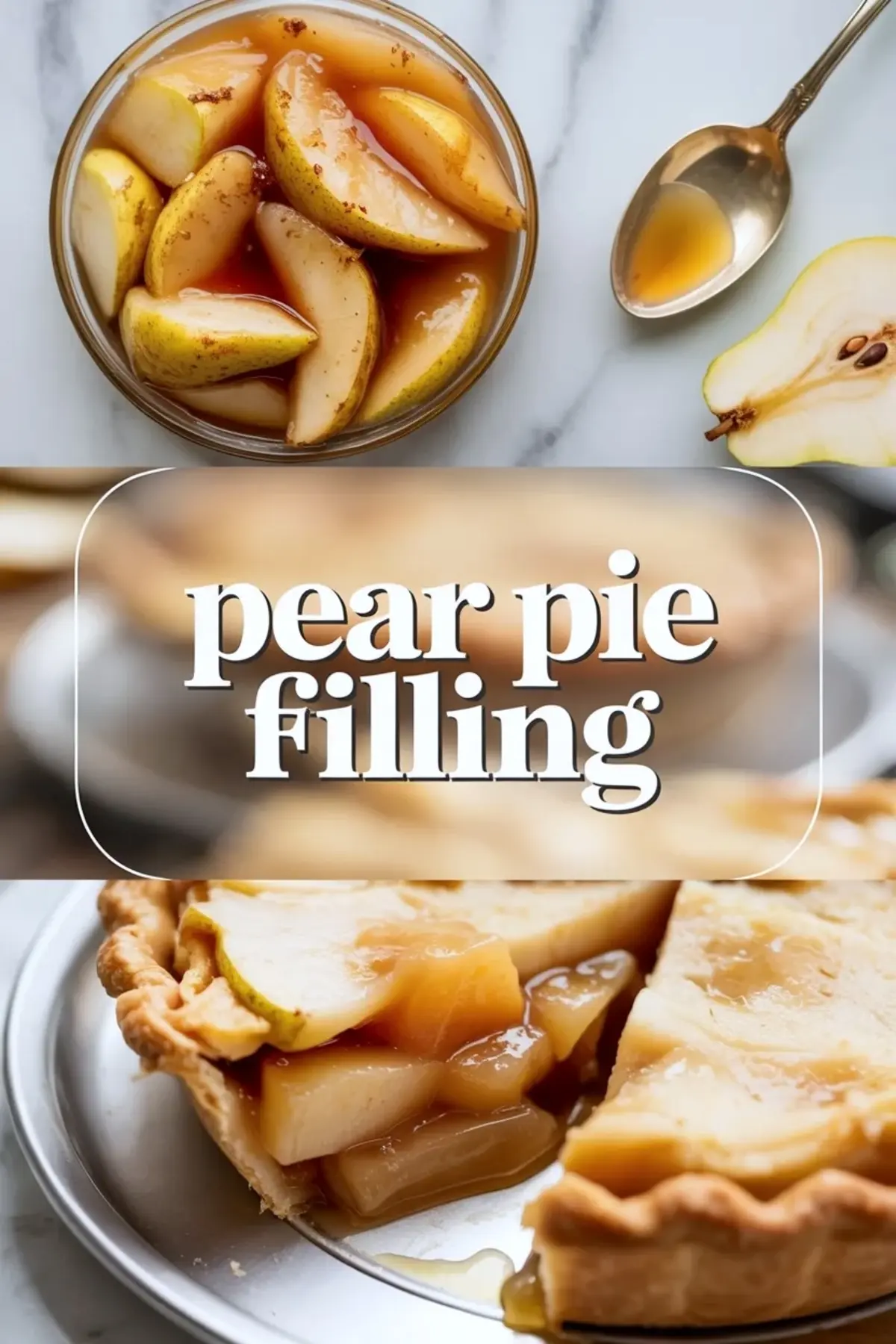 Pear pie filling in a glass bowl with sliced pears in glossy cinnamon sauce beside a spoon and halved pear.
