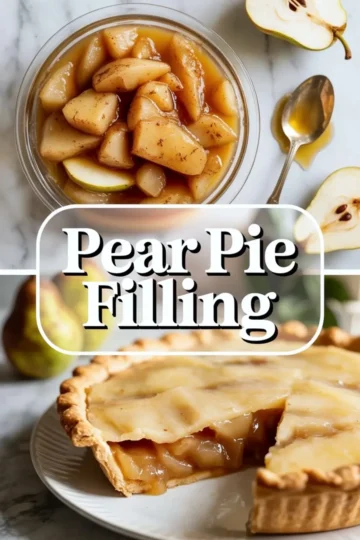 Pear pie filling in a glass bowl with glossy spiced pears, shown above a baked pear pie with a slice cut out.