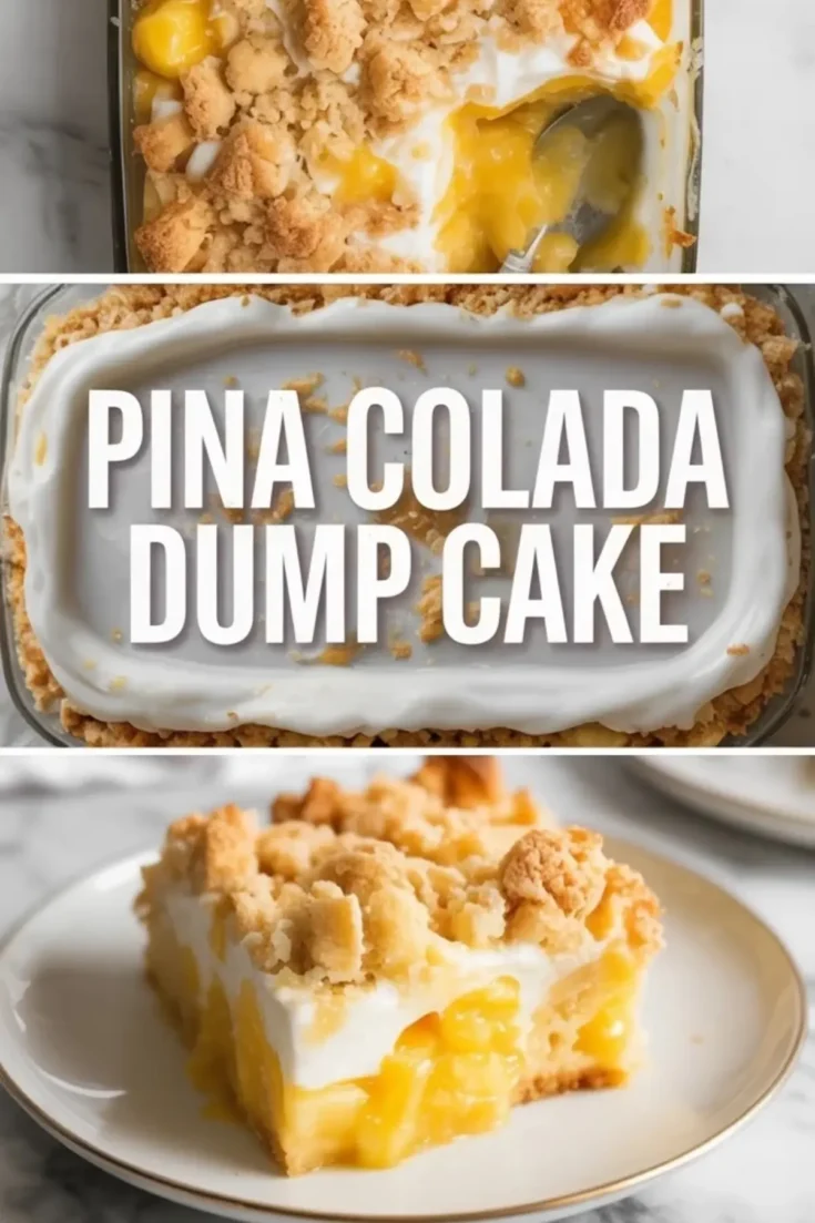 Piña colada dump cake featured image with text overlay showing the full pineapple coconut dessert in a baking dish and a plated slice.