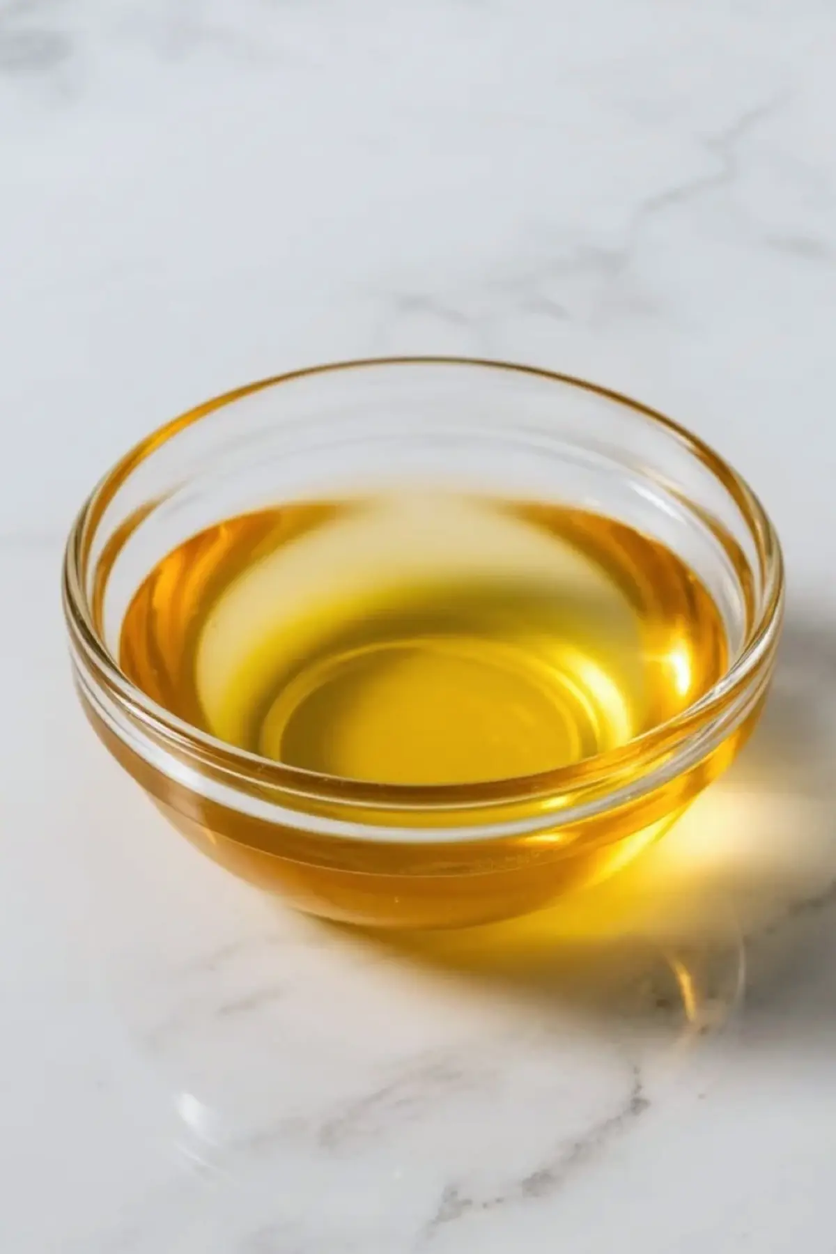 Small glass bowl of golden rum or rum-flavored liquid used in piña colada dump cake on a white marble surface.