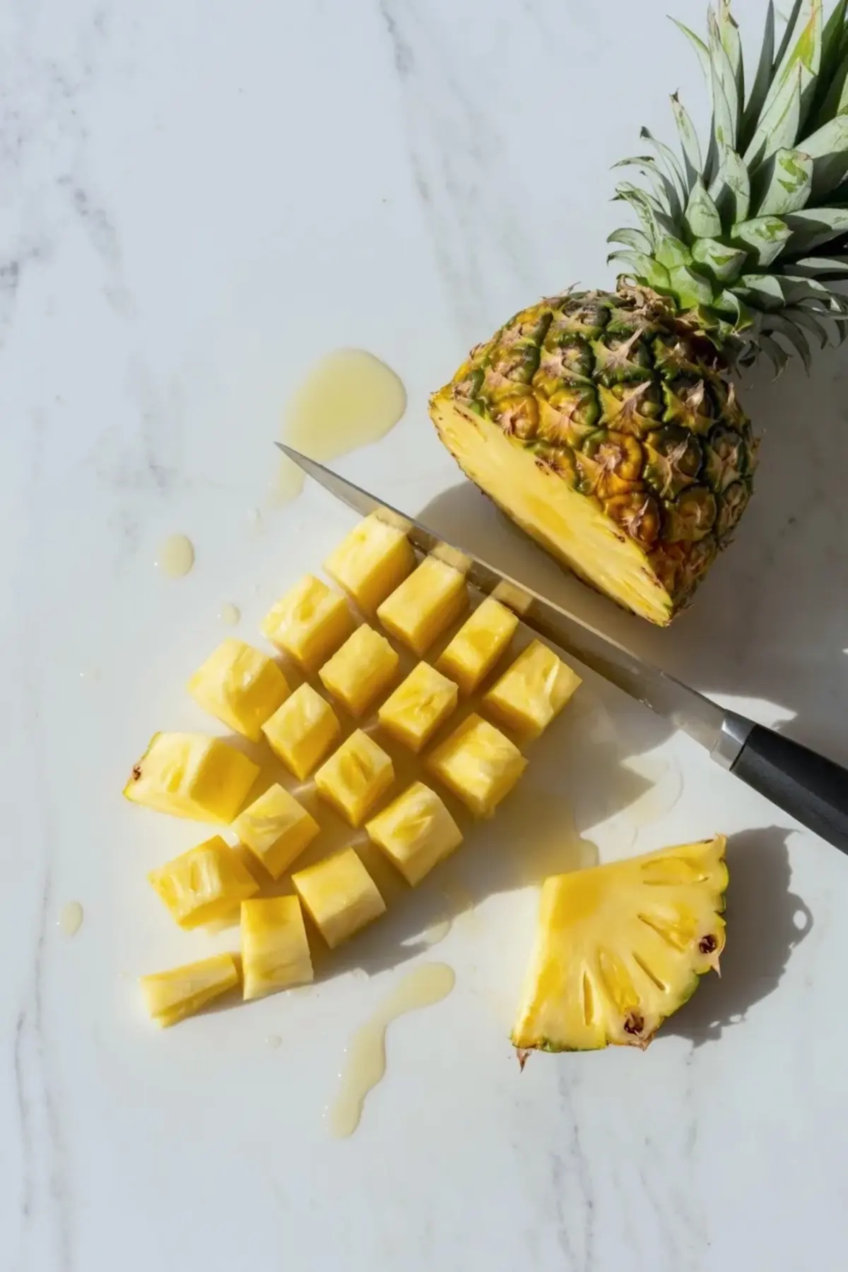 Fresh pineapple cut into chunks for pina colada lush garnish on a white marble surface beside a knife and pineapple half.
