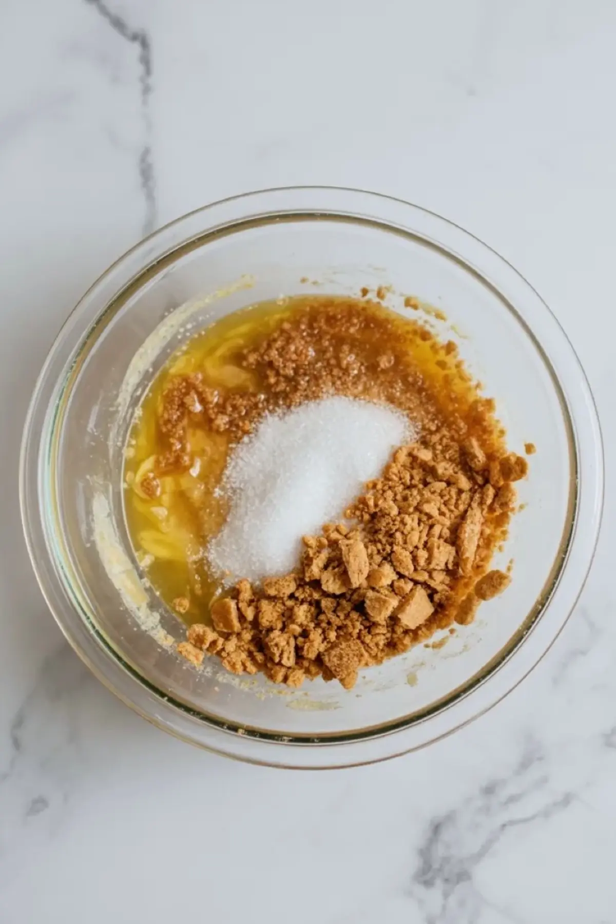 Bowl of graham cracker crumbs, melted butter, and sugar for the crust of pina colada lush on a white marble surface.
