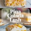 Pina colada lush shown in a 2 to 3 hero image with the full pineapple coconut dessert above and one creamy plated square below.