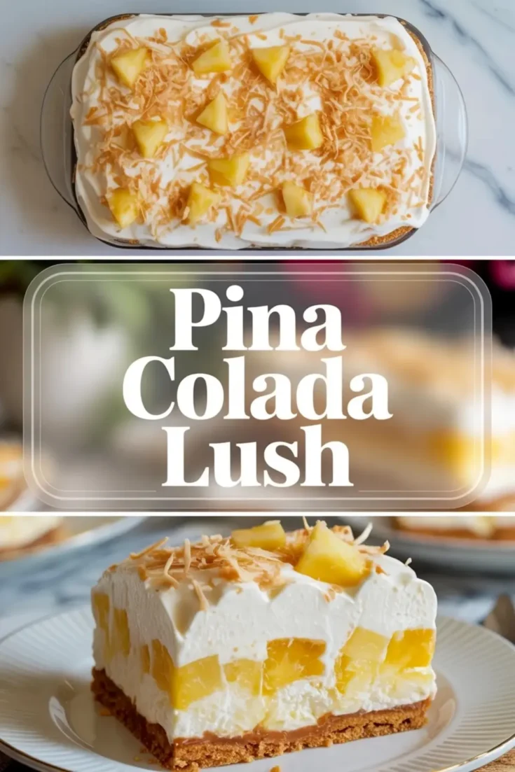 Pina colada lush shown in a 2 to 3 hero image with the full pineapple coconut dessert above and one creamy plated square below.