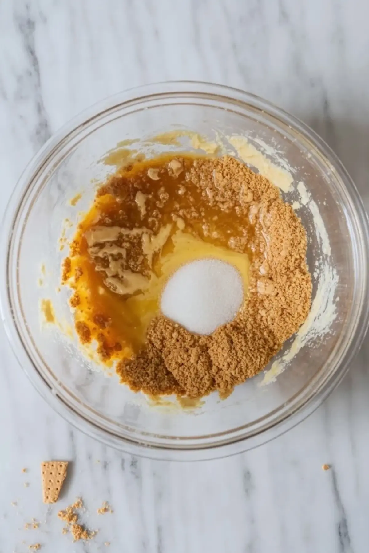Bowl of graham cracker crumbs, melted butter, and sugar for the crust of pineapple lush dessert on a white marble surface.