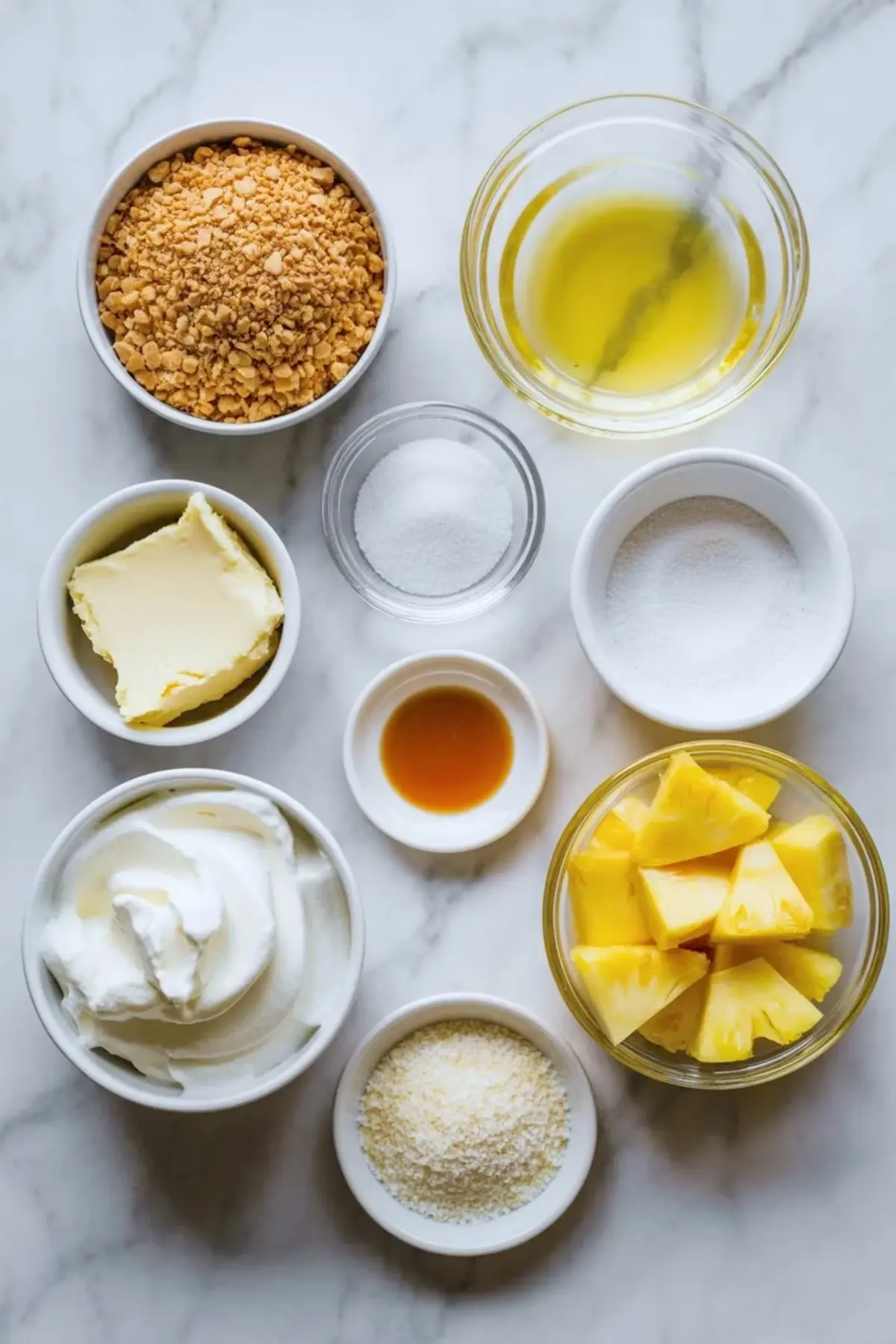 Ingredients for pineapple lush dessert arranged on white marble with cream cheese, graham cracker crumbs, sugar, butter, vanilla, coconut, and pineapple pieces.