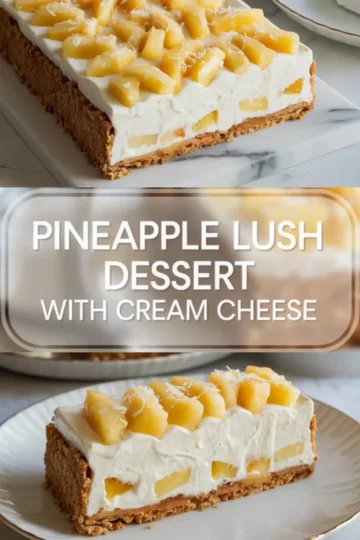 Pineapple lush dessert shown in a 2 to 3 hero image with the full cream cheese pineapple dessert above and one plated square below.