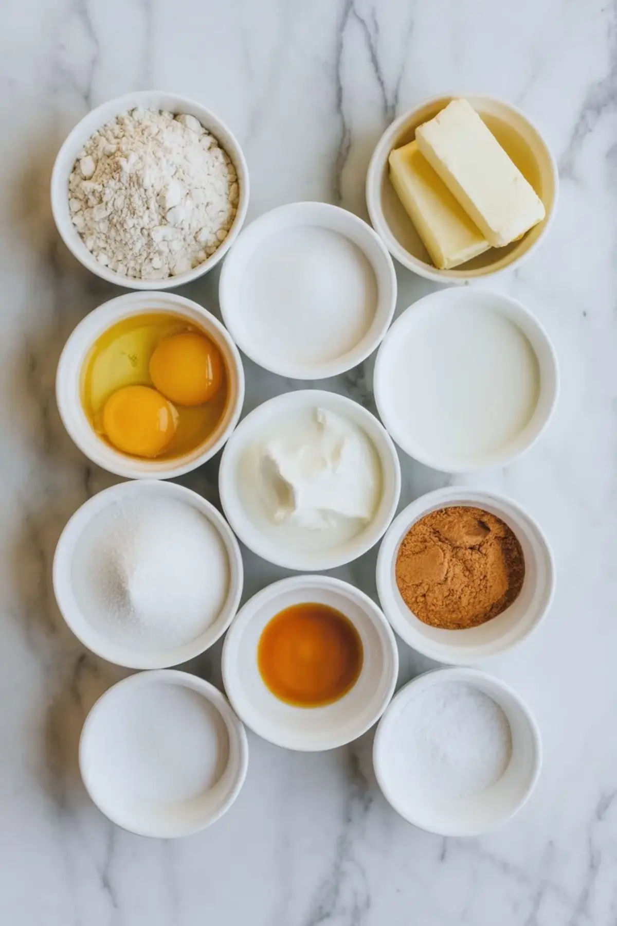 Measured ingredients for snickerdoodle bundt cake arranged in white bowls on marble with flour, butter, eggs, sugar, sour cream, milk, vanilla, cinnamon, and salt.