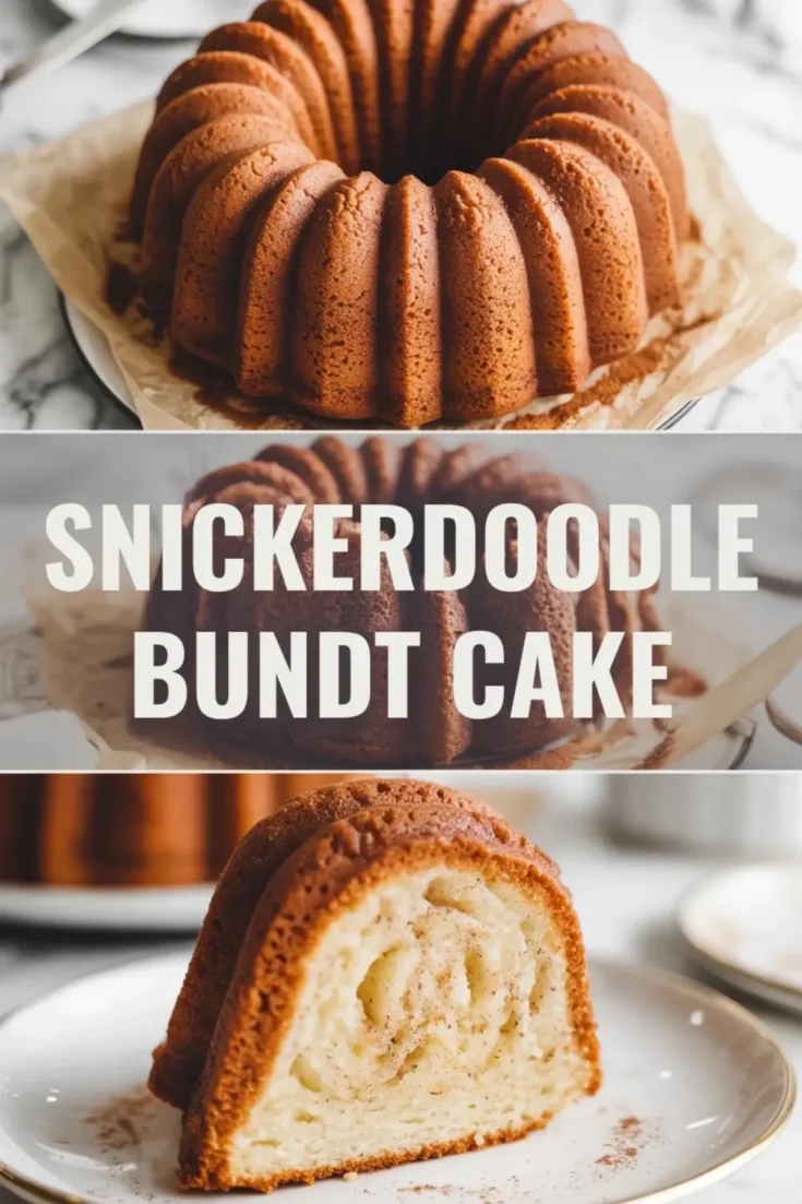 Snickerdoodle bundt cake shown in a 2 to 3 collage style hero image with a whole cinnamon cake above and a sliced piece below with the recipe title across the center.
