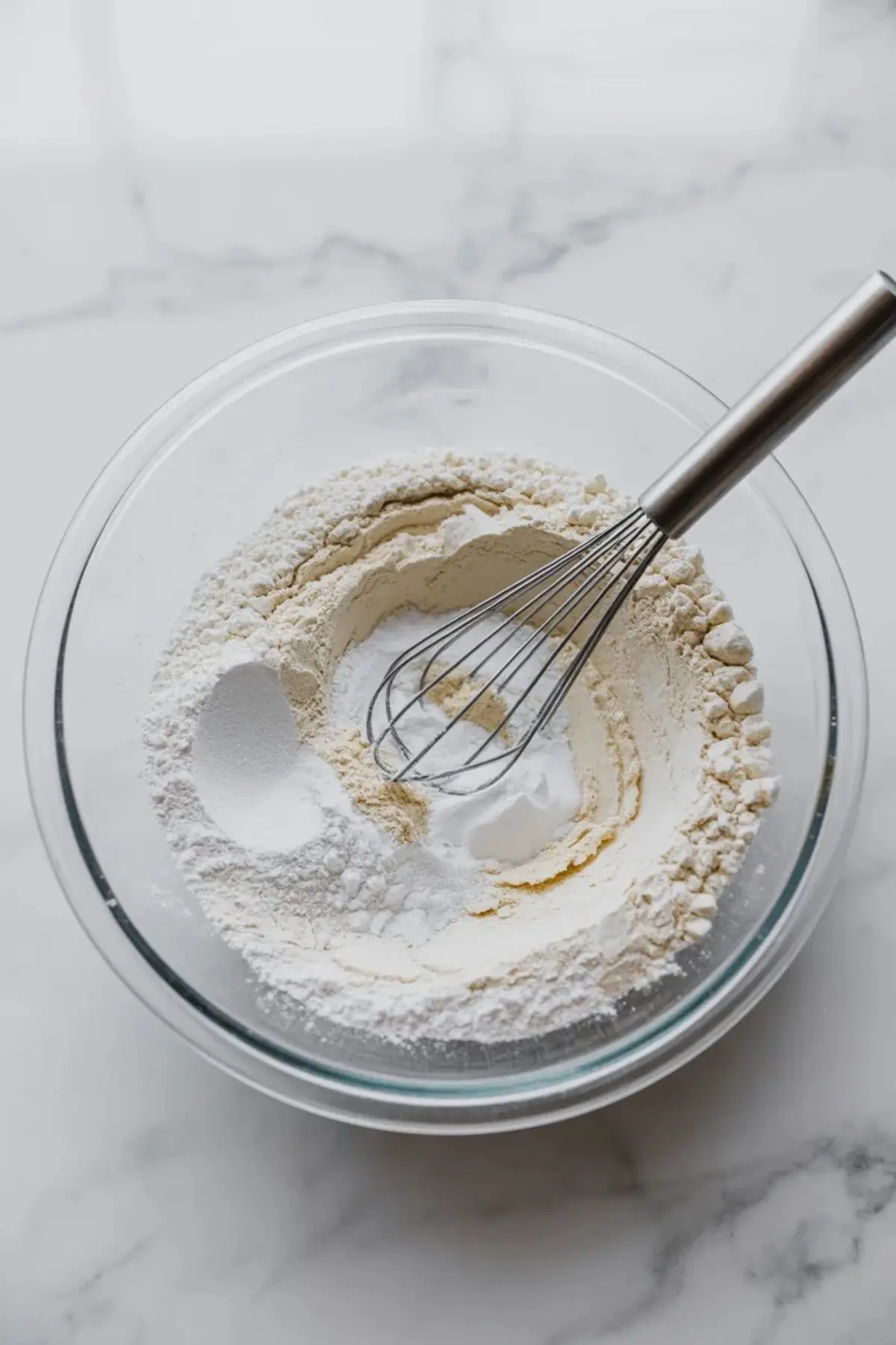 Dry ingredients for snickerdoodle bundt cake whisked in a glass bowl, showing flour with baking powder, baking soda, and salt before mixing.