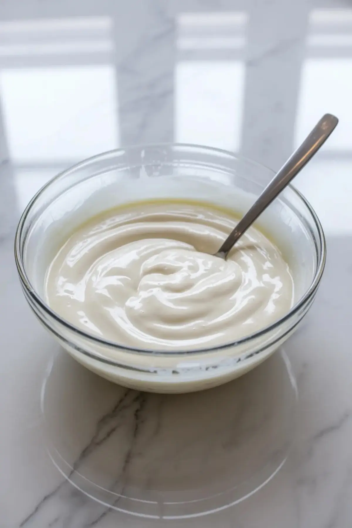 Smooth Greek yogurt mixture for strawberry yogurt bark sits in a clear bowl after being stirred with honey and vanilla.