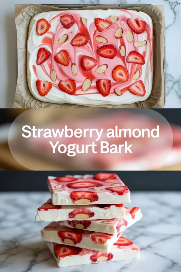 Featured strawberry yogurt bark image showing the finished tray above and stacked frozen bark pieces with fresh strawberries and almonds below.