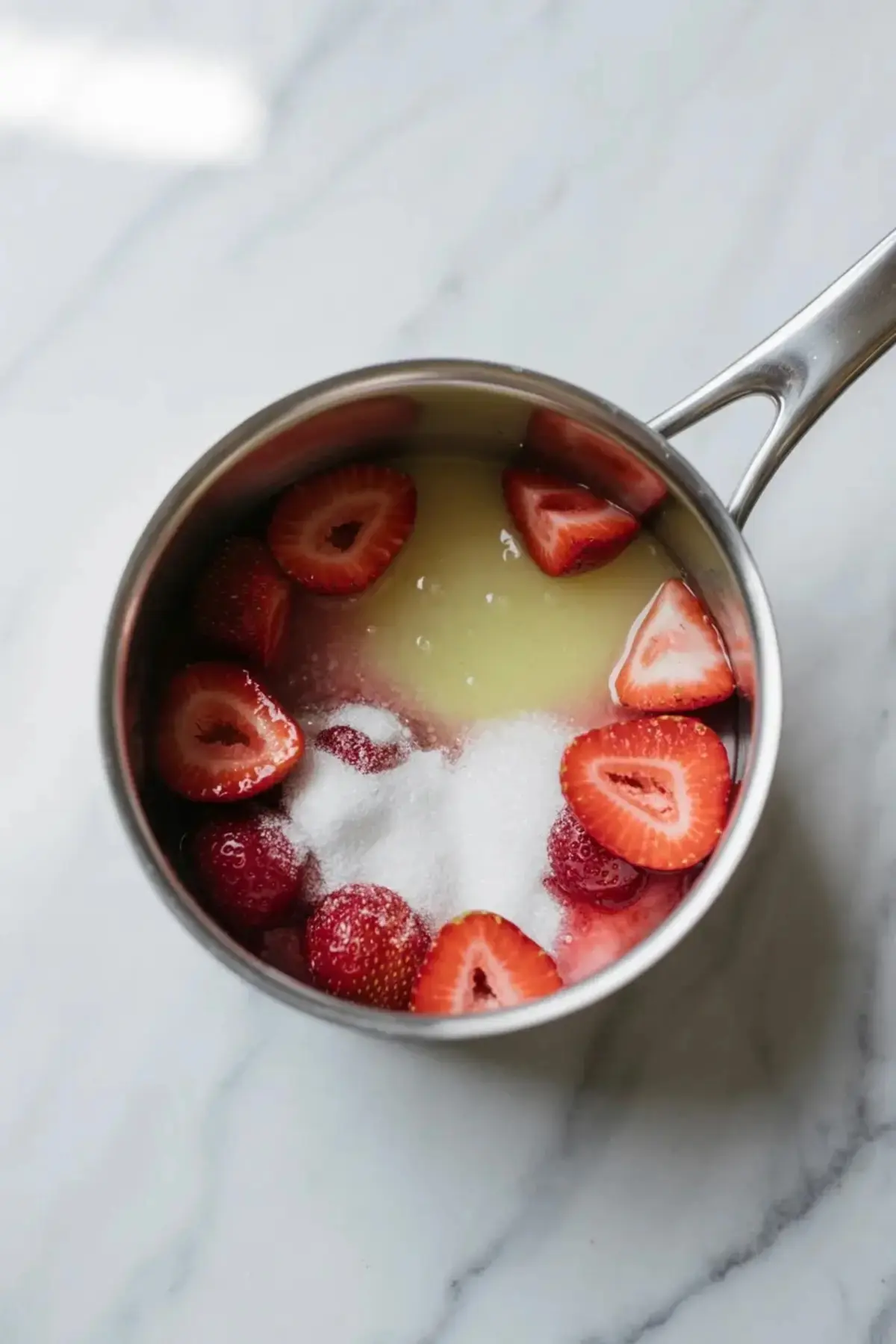 Strawberry compote recipe shown in a 2 to 3 hero image with strawberries, sugar, and lemon juice in a saucepan before cooking on a white marble surface.