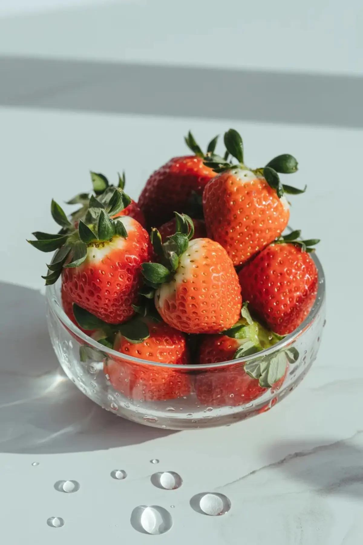 Fresh strawberries in a clear glass bowl for strawberry compote recipe, showing the ripe berries before they are cooked into the topping.
