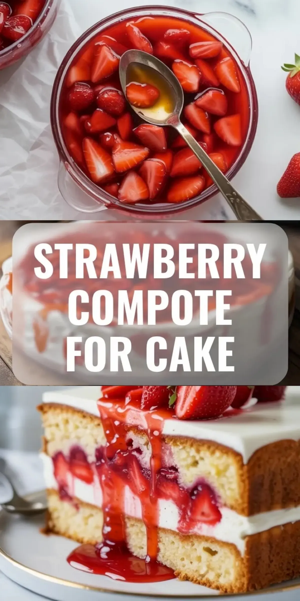 Tall collage of strawberry compote showing a bowl of glossy strawberry topping above and a slice of layer cake with strawberry compote below with the recipe title in the center.