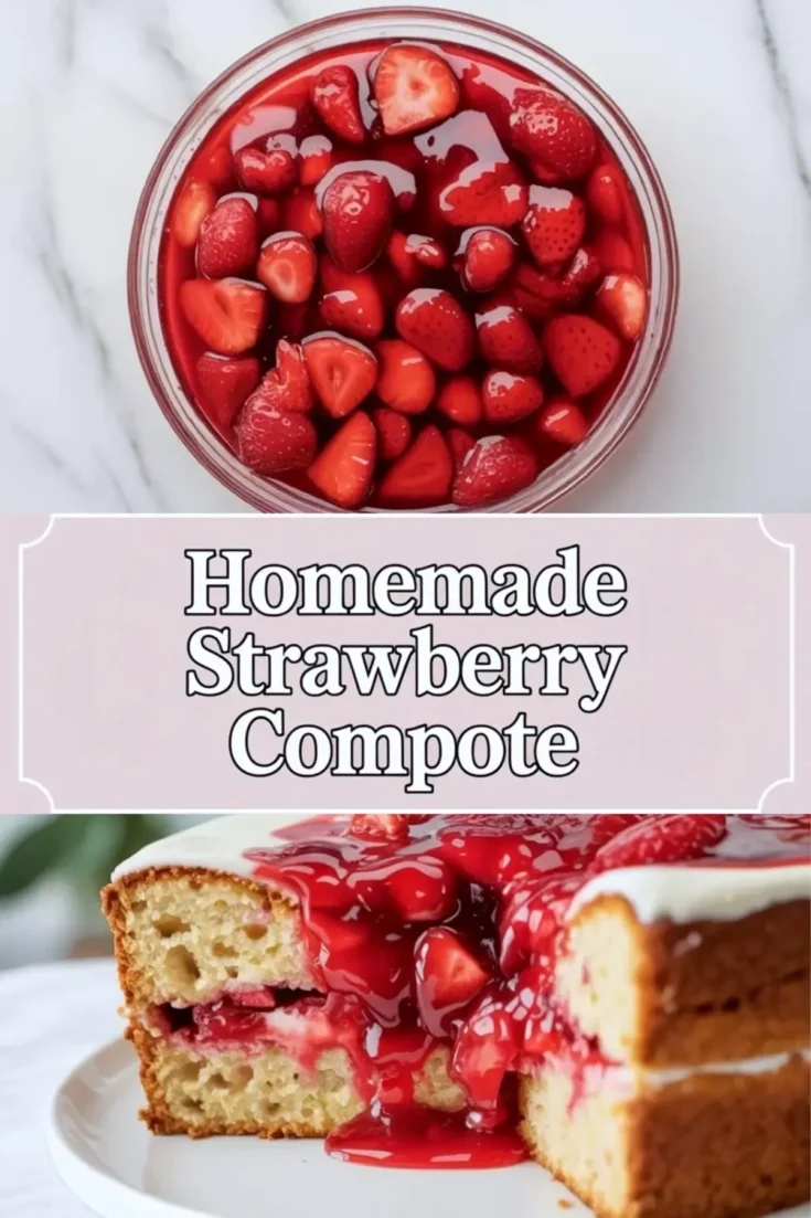 Glossy strawberry compote in a clear bowl on white marble, showing softened strawberries suspended in a bright red syrupy sauce.