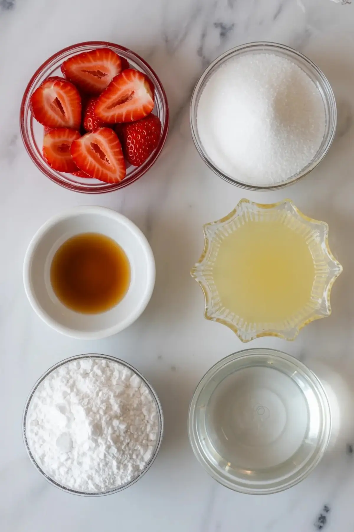 Ingredients for strawberry compote recipe arranged on white marble with strawberries, sugar, vanilla, lemon juice, cornstarch, and water in small bowls.