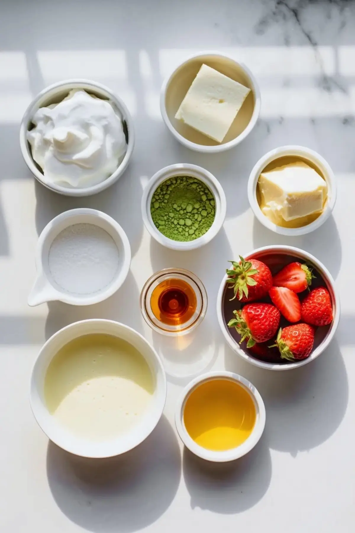 Ingredients for strawberry matcha croissants arranged with croissants, fresh strawberries, cream cheese, heavy cream, matcha powder, and white chocolate.