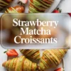 Strawberry matcha croissant on a white plate filled with green matcha cream, sliced strawberries, and a light matcha white chocolate drizzle.