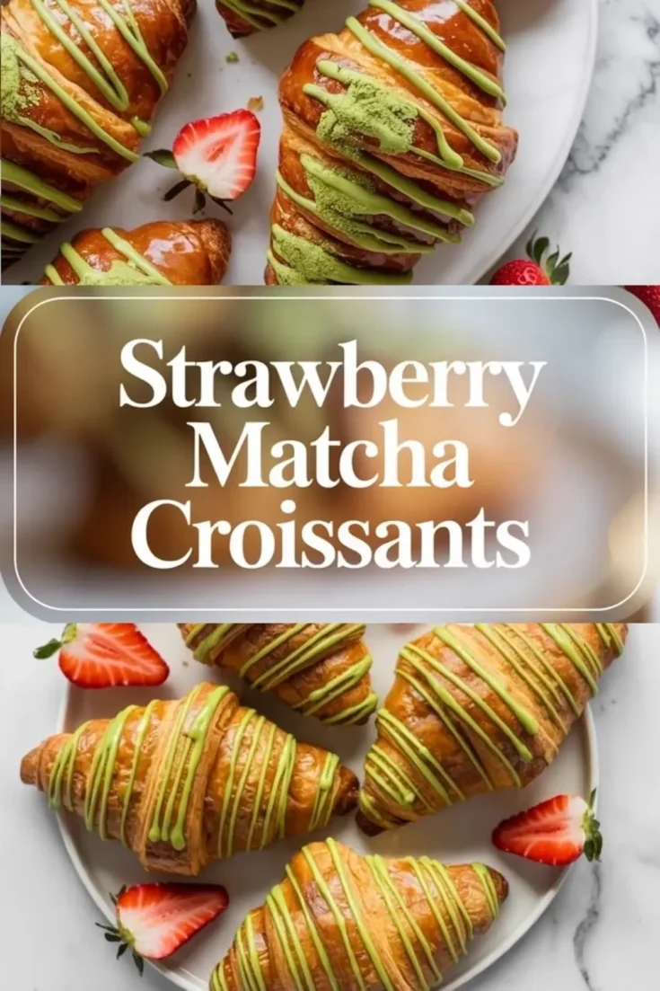 Strawberry matcha croissant on a white plate filled with green matcha cream, sliced strawberries, and a light matcha white chocolate drizzle.