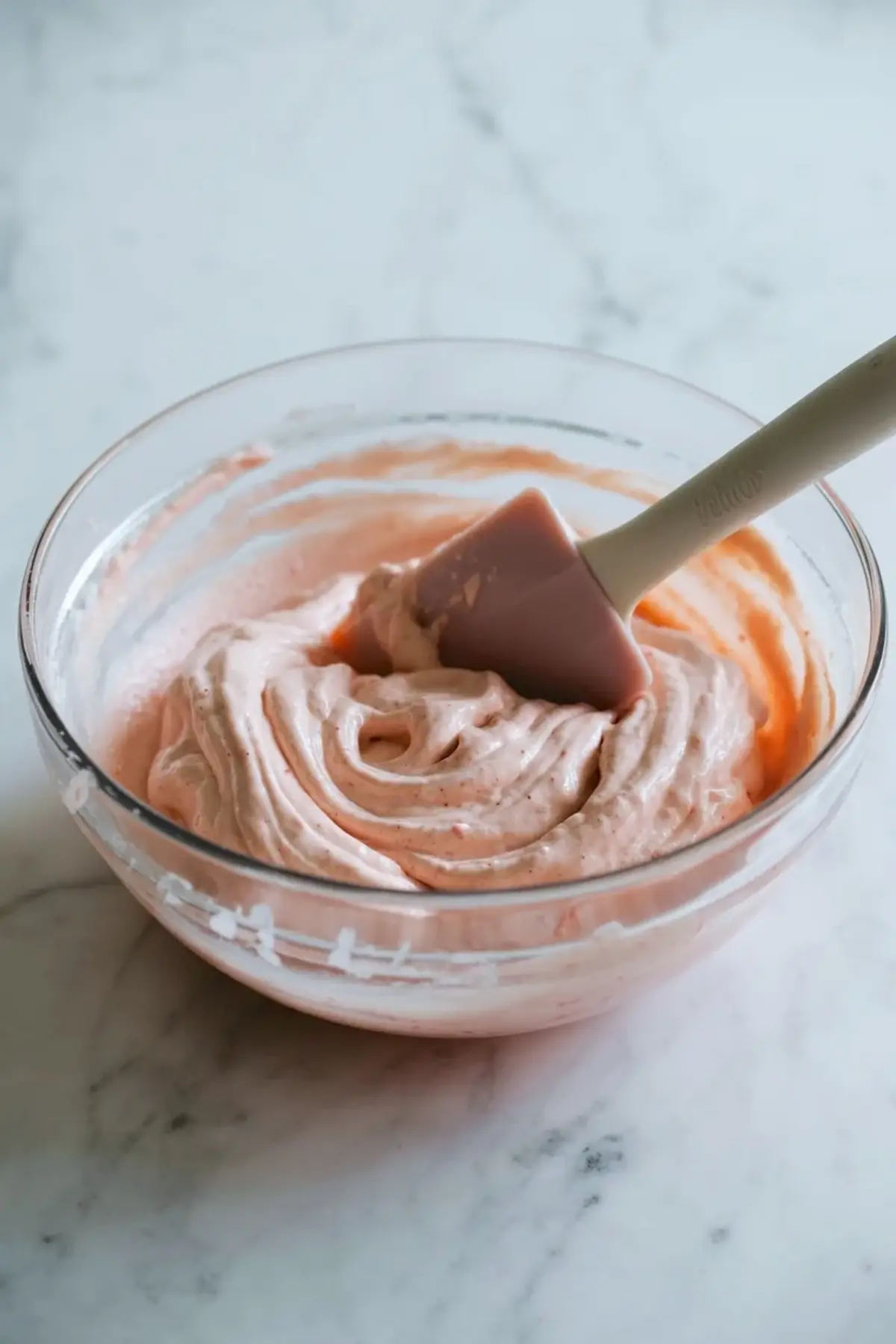 Single strawberry mousse cheesecake bar on a plate showing the graham crust, creamy cheesecake center, and fluffy strawberry mousse topping with a halved strawberry on top.