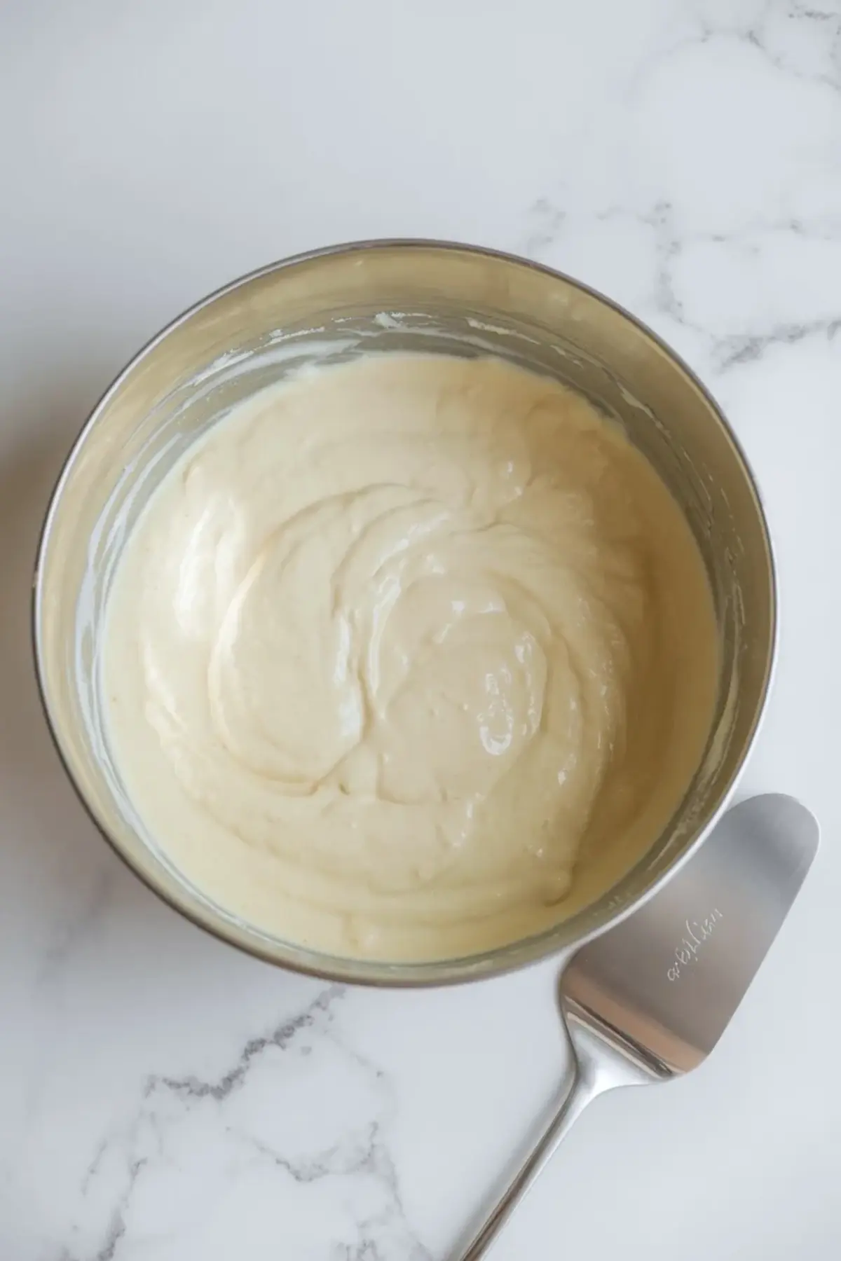 Smooth cheesecake filling in a metal bowl for small-batch strawberry mousse cheesecake bars before spreading over the crust.