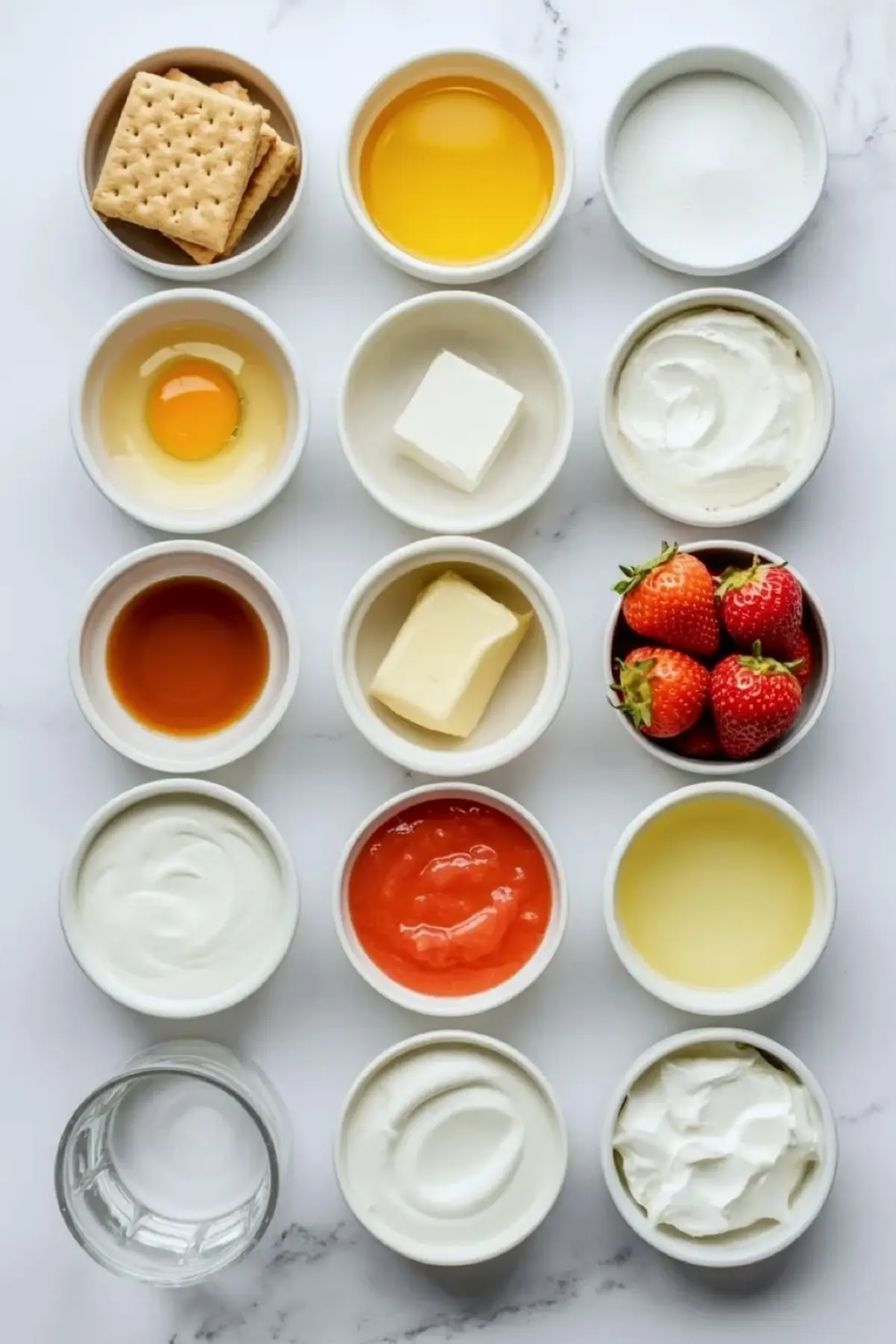 Ingredients for small-batch strawberry mousse cheesecake bars arranged on white marble with graham crackers, cream cheese, strawberries, butter, sugar, sour cream, gelatin, cream, and lemon juice.