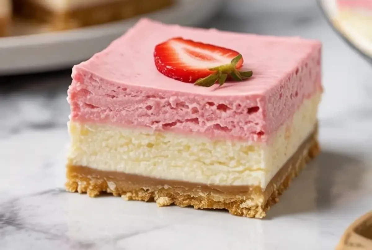 Tall collage of small-batch strawberry mousse cheesecake bars showing several finished bars above and one plated bar below with the recipe title in the center.