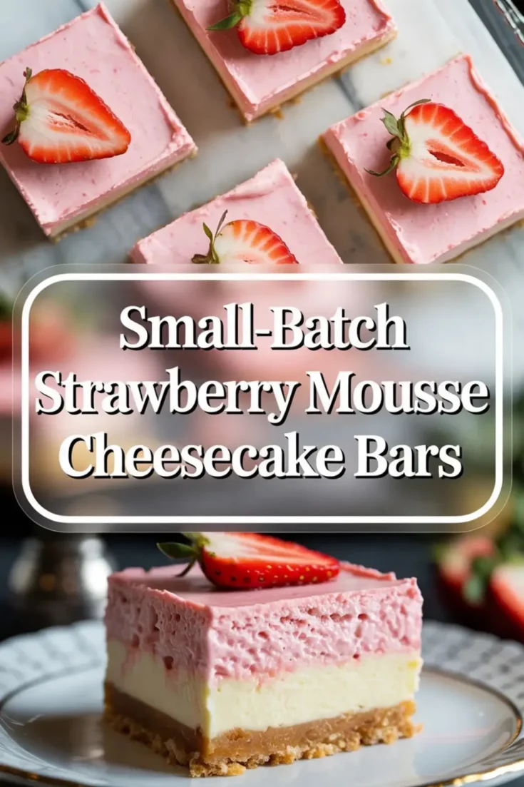 Tall collage of small-batch strawberry mousse cheesecake bars showing several finished bars above and one plated bar below with the recipe title in the center.